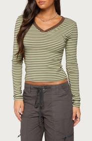 EDIKTED Yania Striped Long Sleeve V-Neck Top