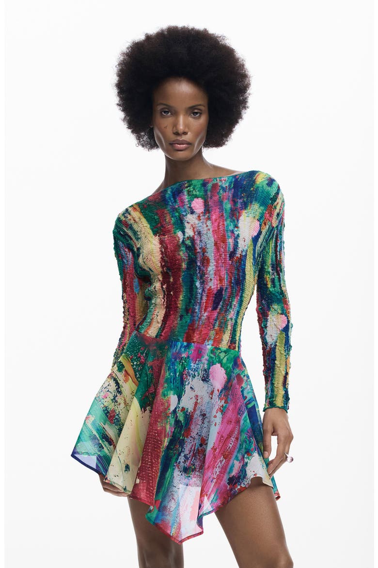 Smocked Long Sleeve Handkerchief Hem Dress, Alternate, color, GREEN MULTI