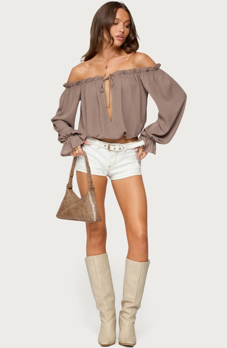 EDIKTED Juna Off the Shoulder Ruffle Chiffon Top, Alternate, color, Brown