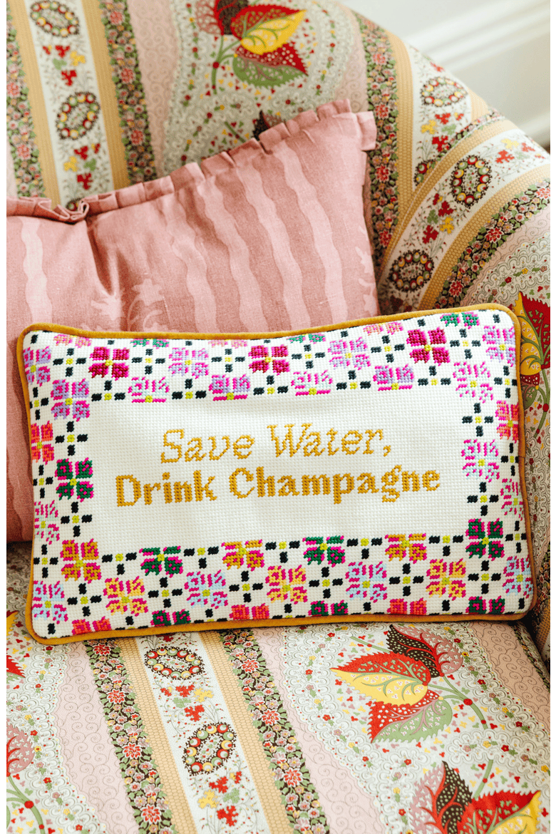 Drink Champagne Needlepoint Pillow, Alternate, color, Mustard Yellow