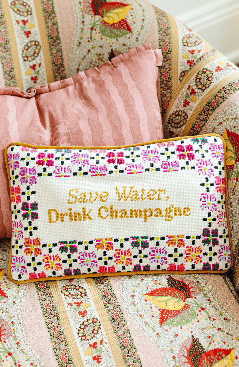 Furbish Drink Champagne Needlepoint Pillow, Alternate, color, Mustard Yellow