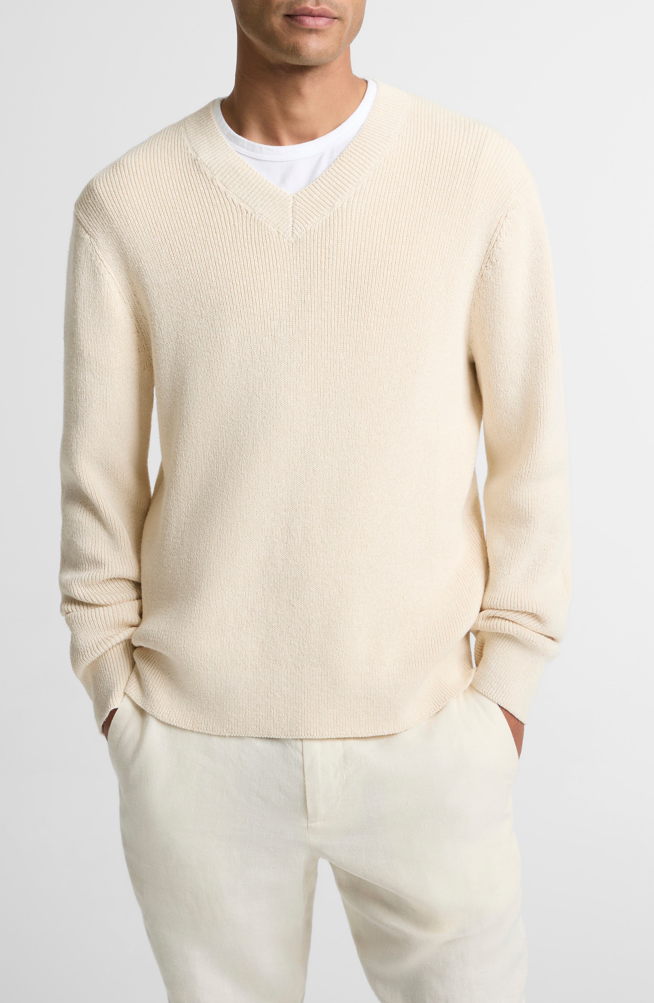 Solid V-Neck Cotton Blend Ribbed Sweater
