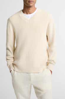 Solid V-Neck Cotton Blend Ribbed Sweater