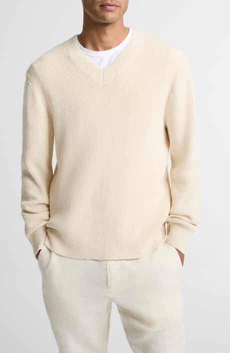 Solid V-Neck Cotton Blend Ribbed Sweater