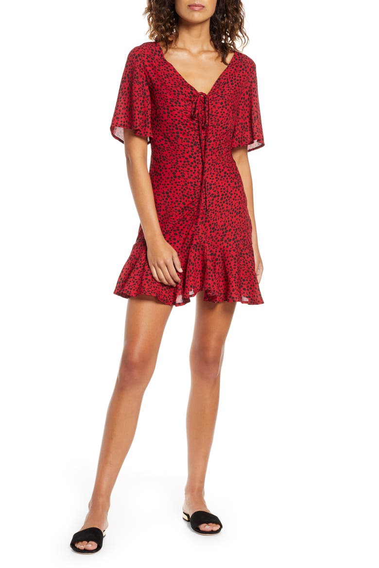 BB Dakota Wildcat Print Flutter Sleeve Minidress, Main, color, SCOOTER RED
