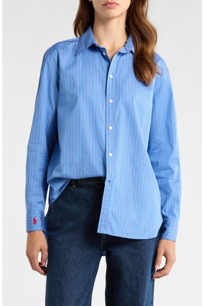 Stripe Button-Up Cotton Shirt, Main, color, BLUE-RED