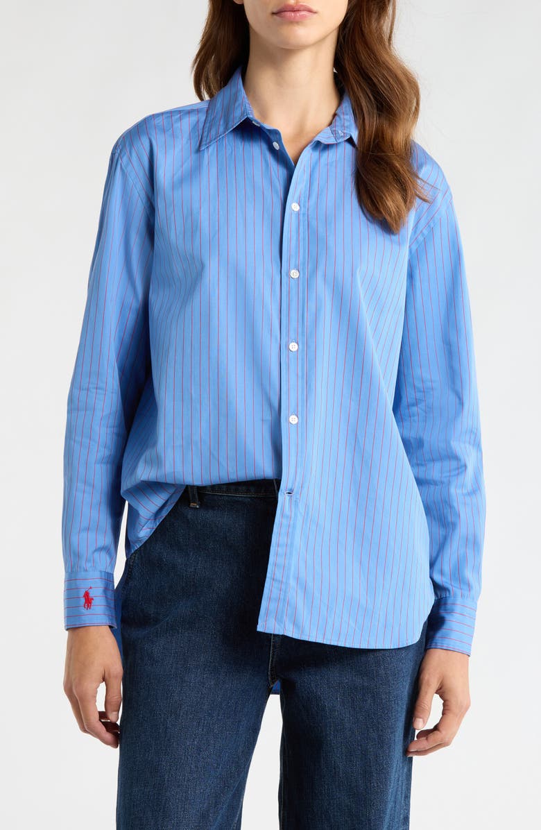 Polo Ralph Lauren Stripe Button-Up Cotton Shirt, Main, color, Blue-Red