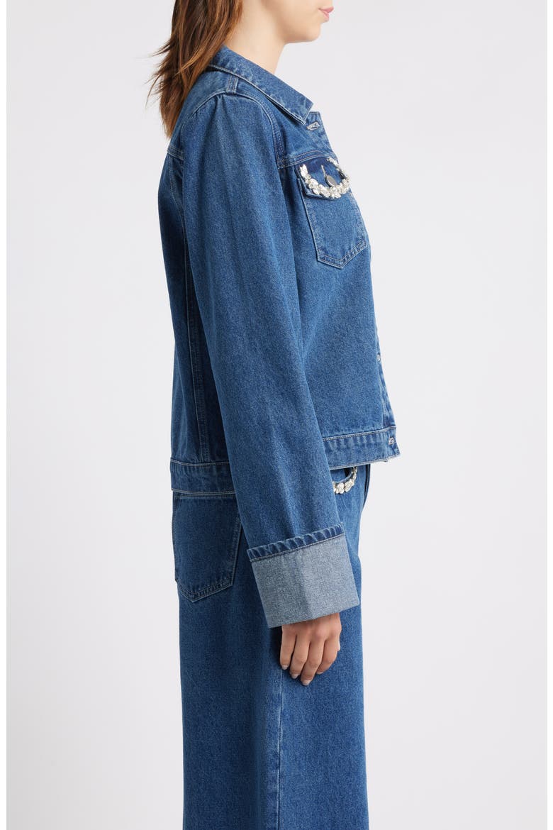 Rhinestone Detail Denim Trucker Jacket, Alternate, color, RINSE WASH