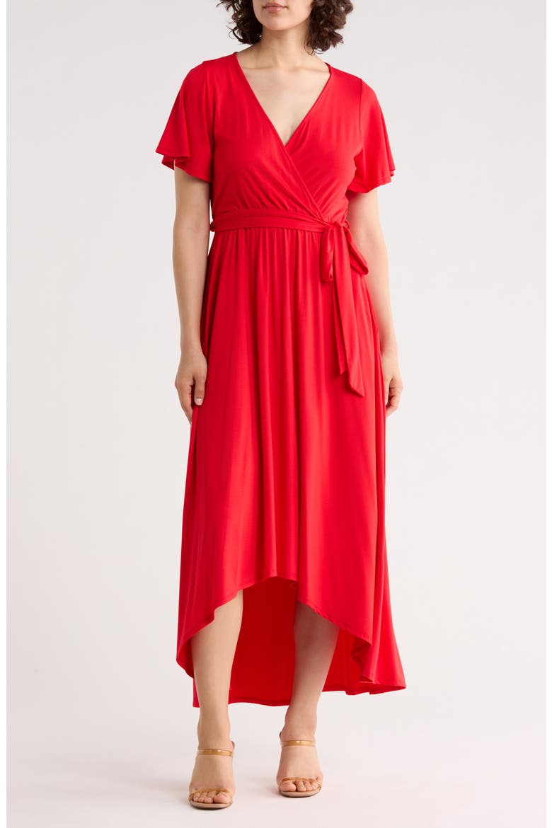 Flutter Sleeve High/Low Wrap Dress, Main, color, RED