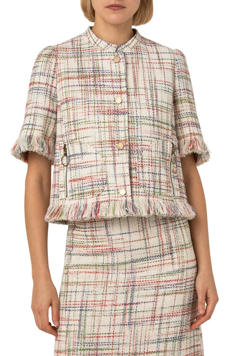 Plaid Short Sleeve Tweed Jacket, Main, color, CASHEW MULTICOLOR
