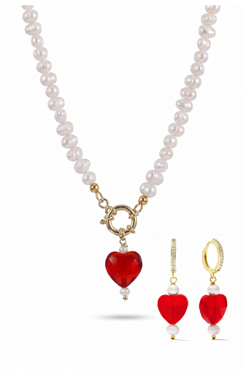 Joey Baby Freshwater Pearl Heart Charm Gold Plated Necklace And Matching Earring Gift Set, Main, color, Metallic Gold