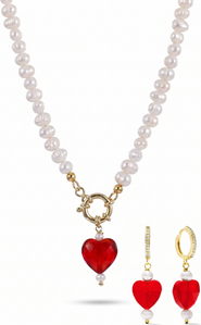 Joey Baby Freshwater Pearl Heart Charm Gold Plated Necklace And Matching Earring Gift Set
