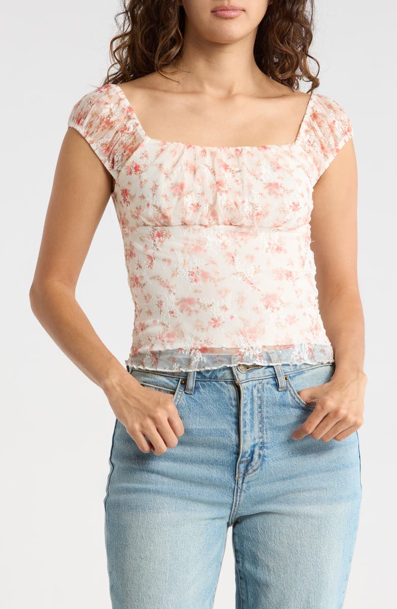 Madden Girl Emma Floral Ruffle Trim Top, Main, color, Whisper White Combo