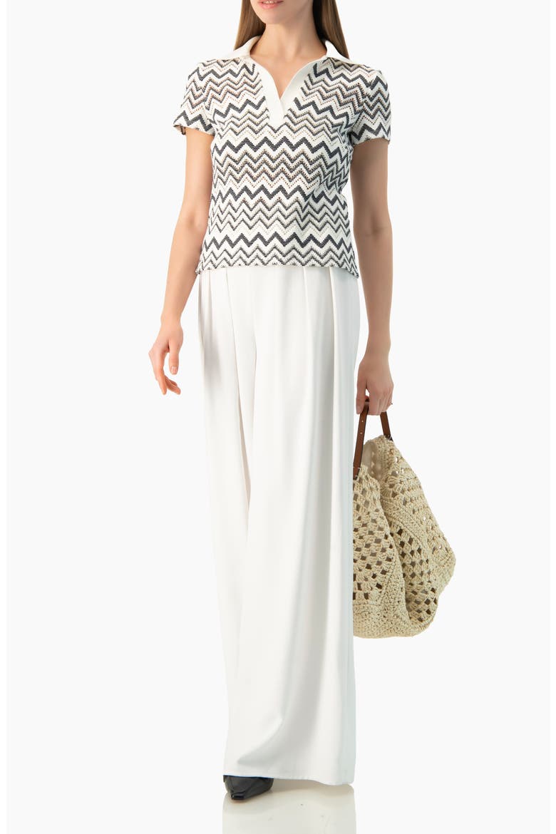 Multicolor Chevron Knit Collared Polo Blouse, Alternate, color, White