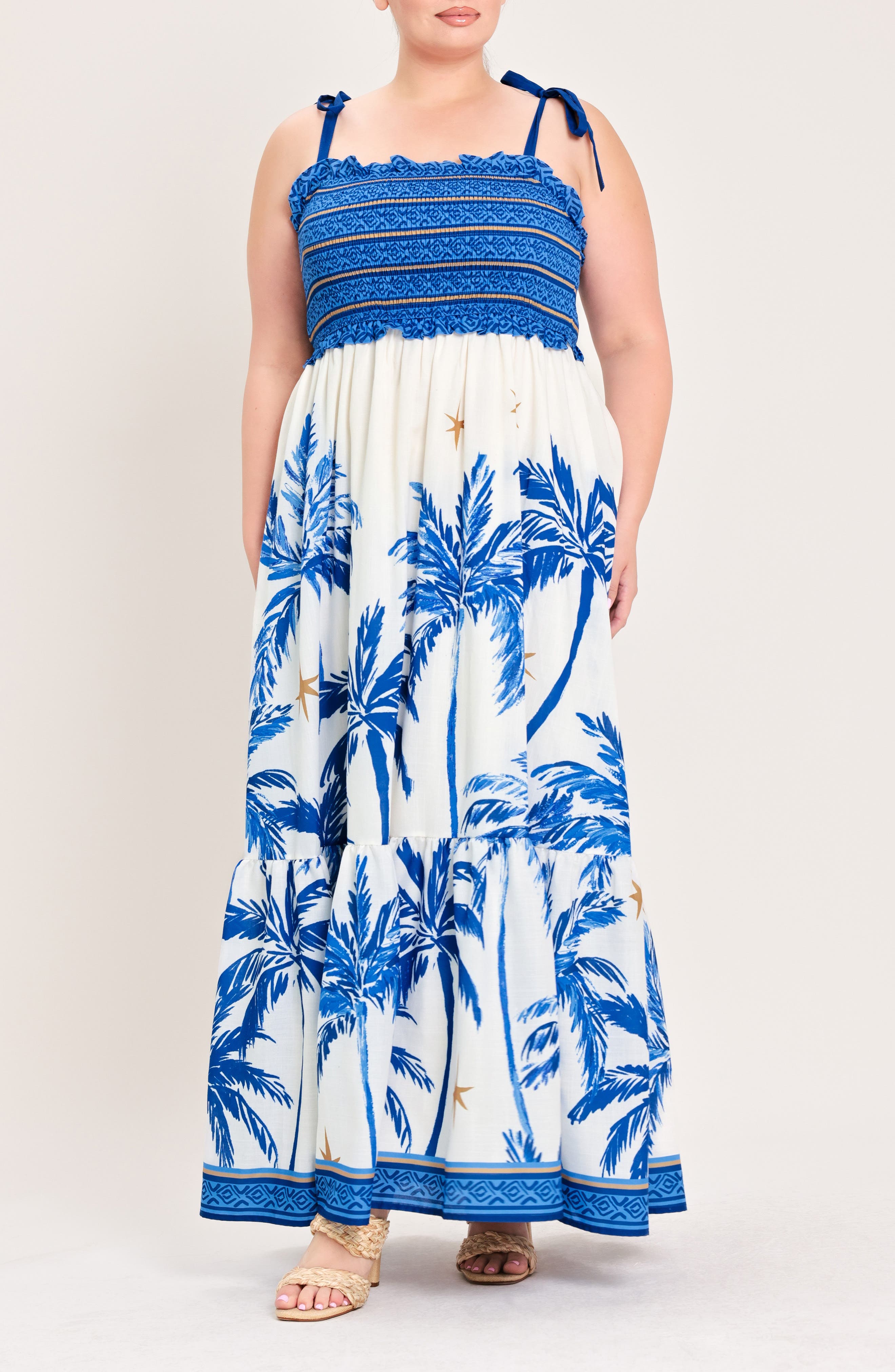 Smocked Tie Shoulder Maxi Dress