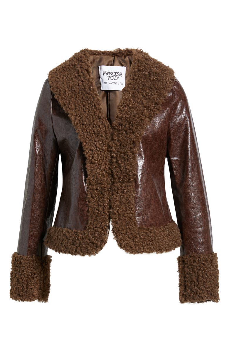 Princess Polly Found A Reason Faux Leather & Faux Shearling Trim Crop Jacket, Alternate, color, Brown