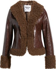 Princess Polly Found A Reason Faux Leather & Faux Shearling Trim Crop Jacket