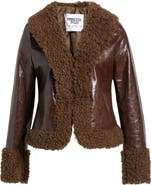 Princess Polly Found A Reason Faux Leather & Faux Shearling Trim Crop Jacket