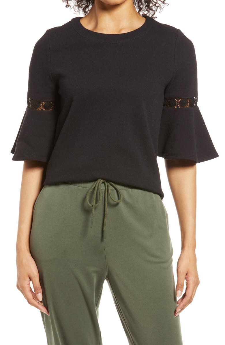 Everleigh Lace Accent Bell Sleeve Cotton Blend Knit Top, Main, color, 