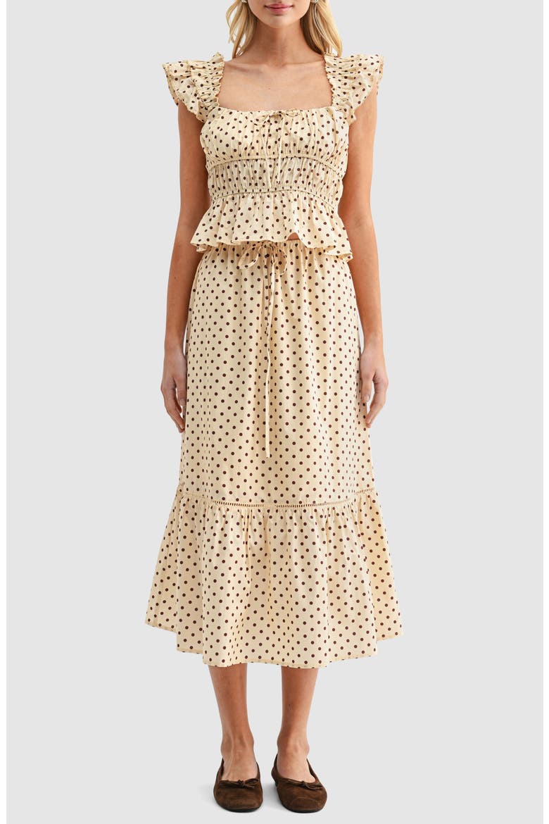 Polka Dot Tiered Midi Skirt, Alternate, color, BUTTER BROWN DOT