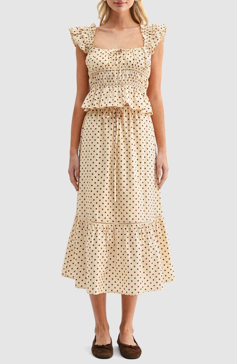 All in Favor Polka Dot Tiered Midi Skirt, Alternate, color, Butter Brown Dot