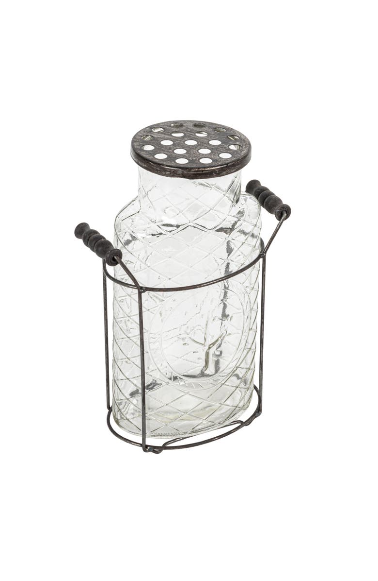 Storied Home Glass vase in Metal Stand with Metal Frog Lid, Main, color, Clear