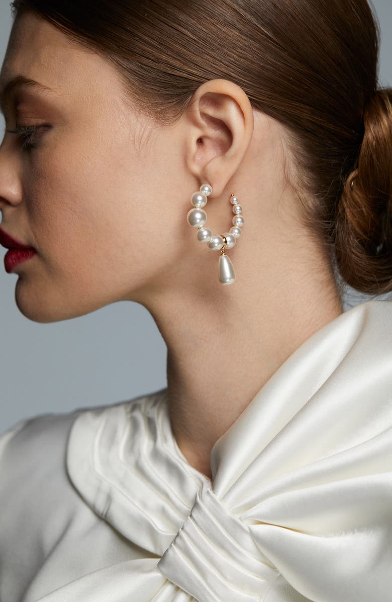 Nadri London Cultured Pearl Drop Hoop Earrings, Alternate, color, Gold