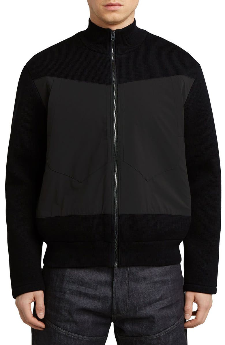 G-STAR Mixed Media Organic Cotton Zip-Up Bomber Jacket, Main, color, Dark Black