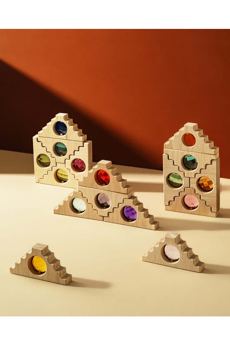 Kaia Pyramid Wooden Building Blocks with Acrylic Gem Windows - 16 Pieces, Alternate, color, Multicolor