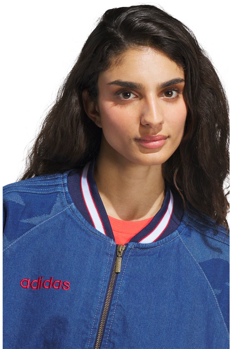 SST Denim Graphic Varsity Bomber Jacket, Alternate, color, MEDIUM BLUE DENIM