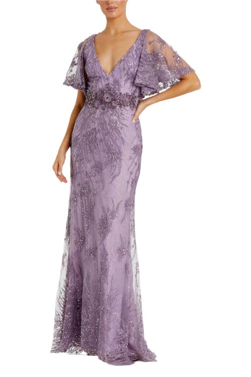 Mac Duggal Vintage Flutter Sleeve Evening Gown In Vintage Lilac