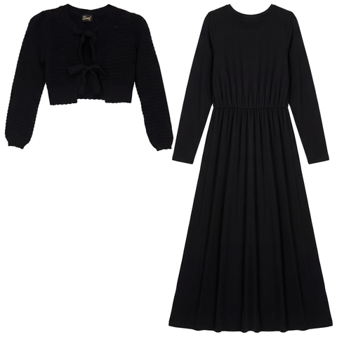 Eyelet Bow Rib Knit Cardigan and Modal Robe 2 Piece Set