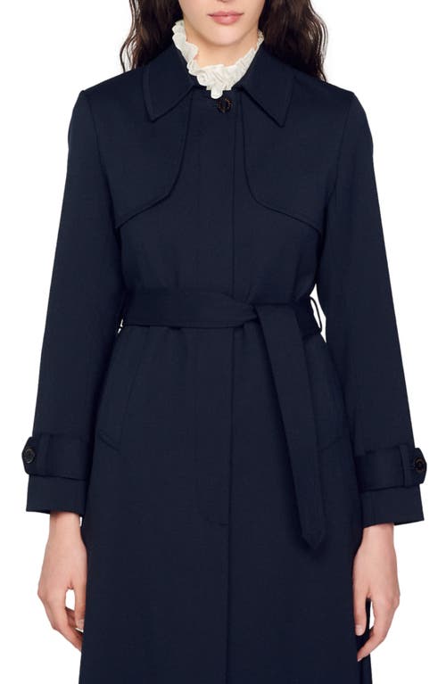 Sandro Trench Coat With Pleated Inset In Navy Blue