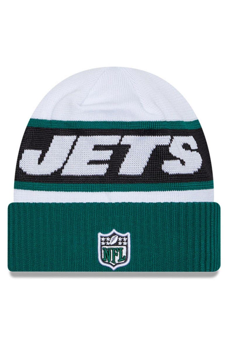 Men's New Era  White/Green New York Jets 2023 Sideline Tech Cuffed Knit Hat, Alternate, color, White