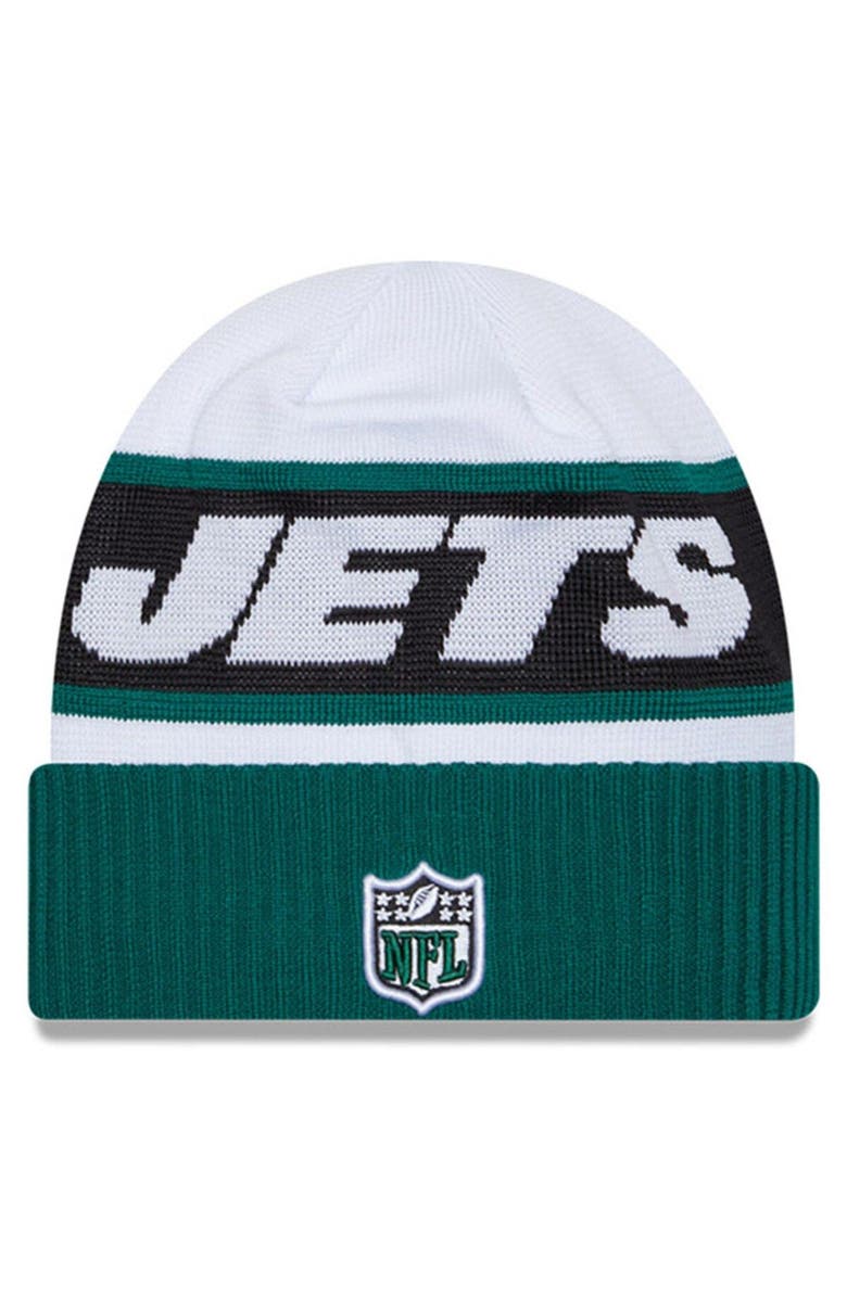 New Era Men's New Era  White/Green New York Jets 2023 Sideline Tech Cuffed Knit Hat, Alternate, color, White
