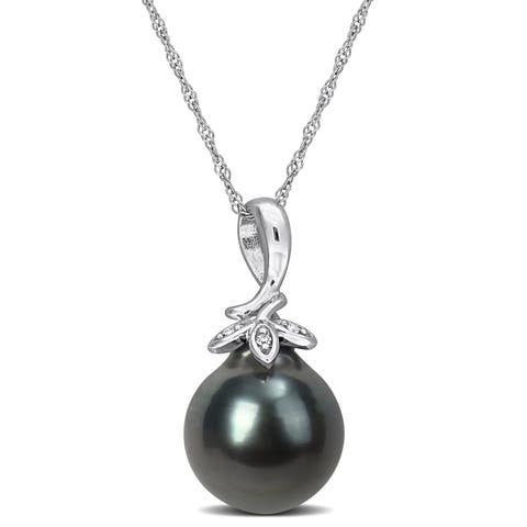 Tahitian Pearl & Diamond Cluster Leaf Necklace 10k