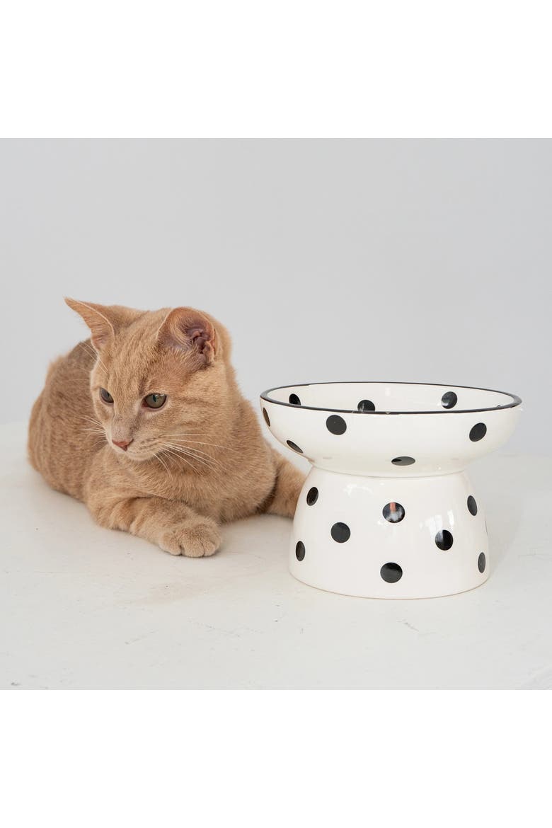 Elevated Ceramic Cat Bowl, White & Black Polka Dots, 8.7oz, Alternate, color, Multicolored