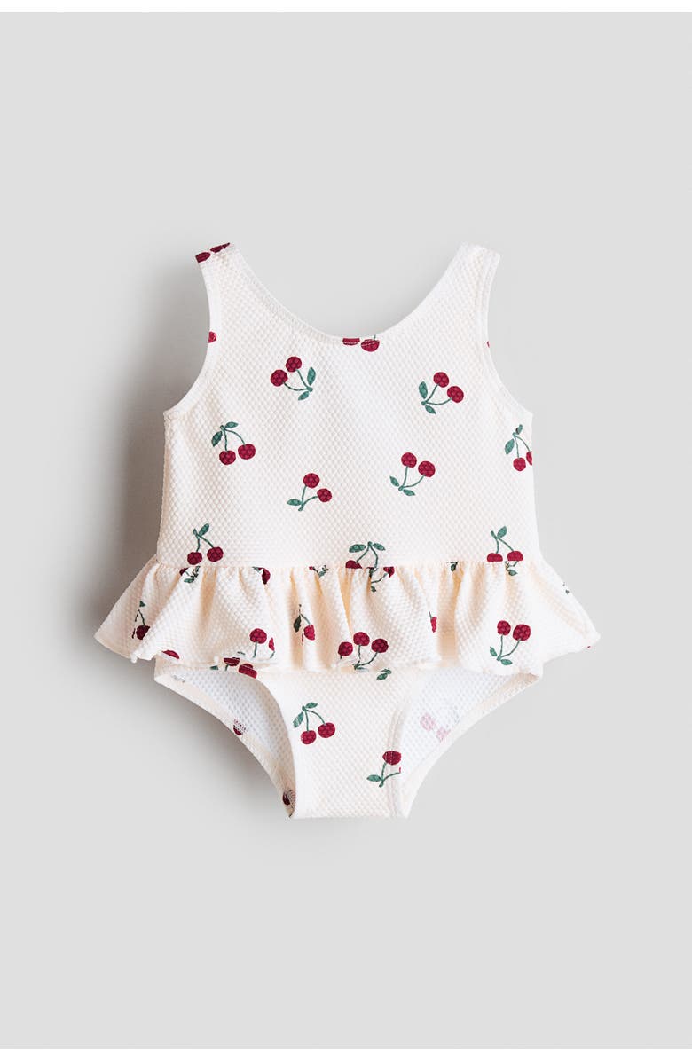 H&M Flounced Swimsuit, Main, color, Light Beige/Cherries