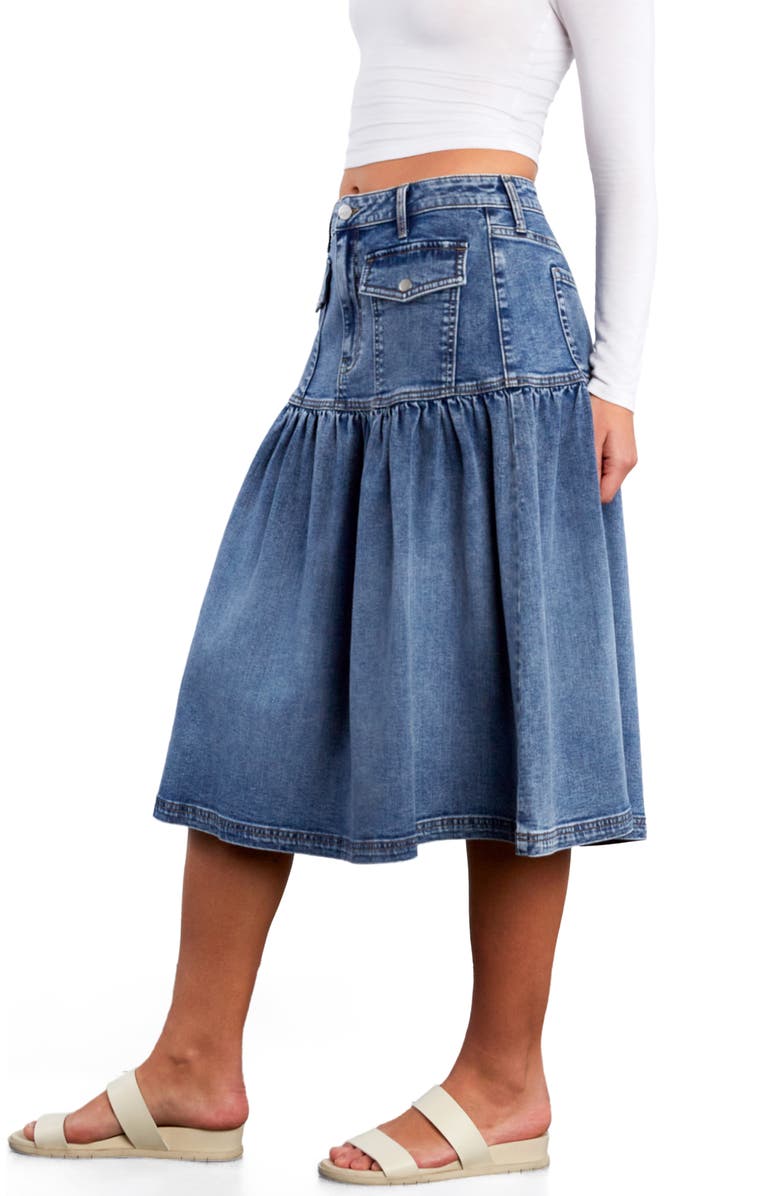 Wash Lab Denim Petal Flounce Denim Midi Skirt, Alternate, color, Flounce Denim