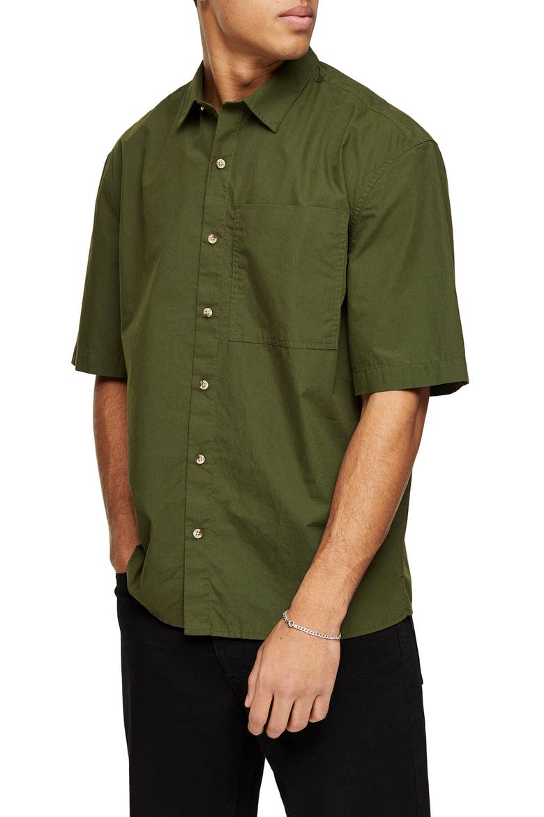 Oversize Short Sleeve Button-Up Shirt, Main, color, OLIVE