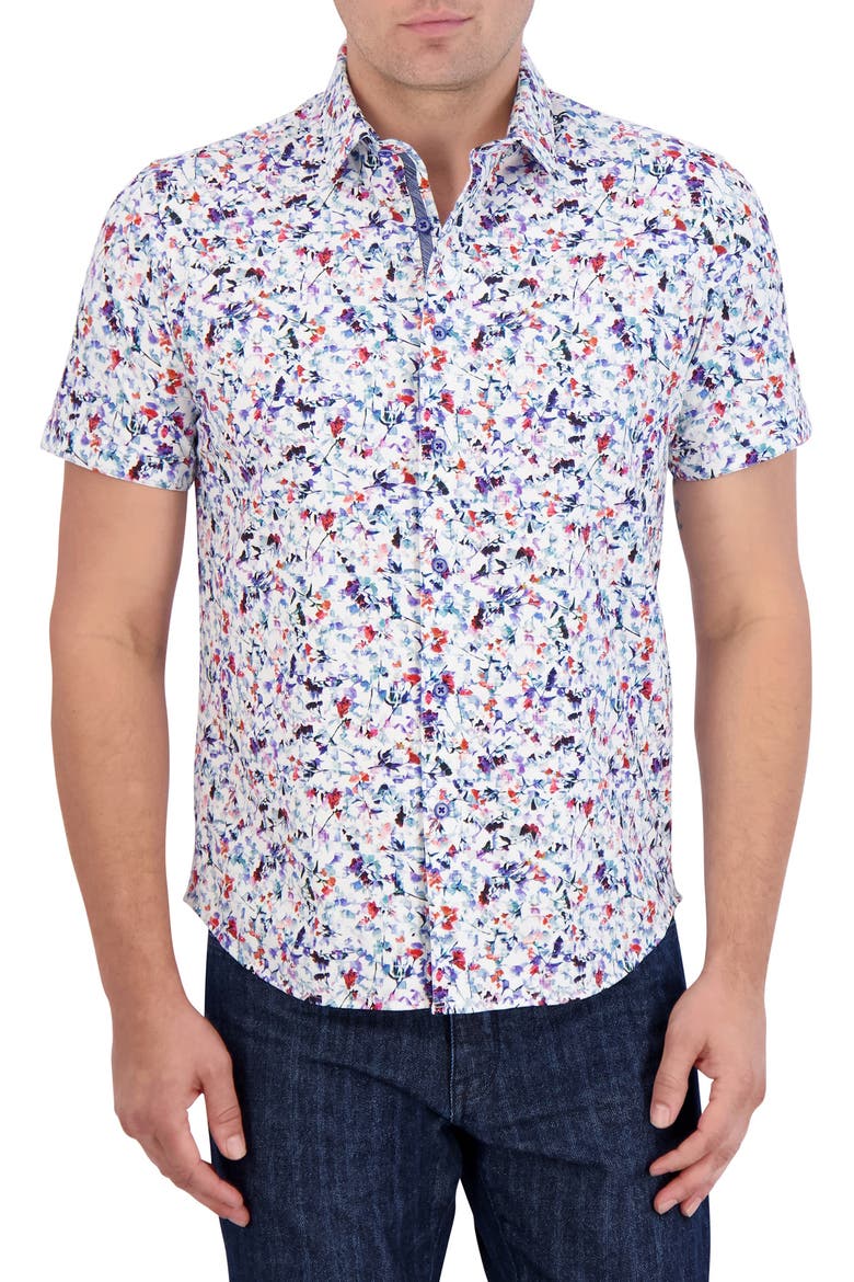 Bavaro Floral Short Sleeve Cotton Knit Button-Up Shirt, Main, color, WHITE MULTI