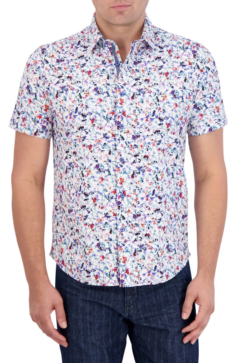Robert Graham Bavaro Floral Short Sleeve Cotton Knit Button-Up Shirt, Main, color,