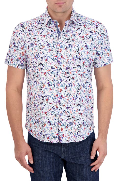 Bavaro Floral Short Sleeve Cotton Knit Button-Up Shirt