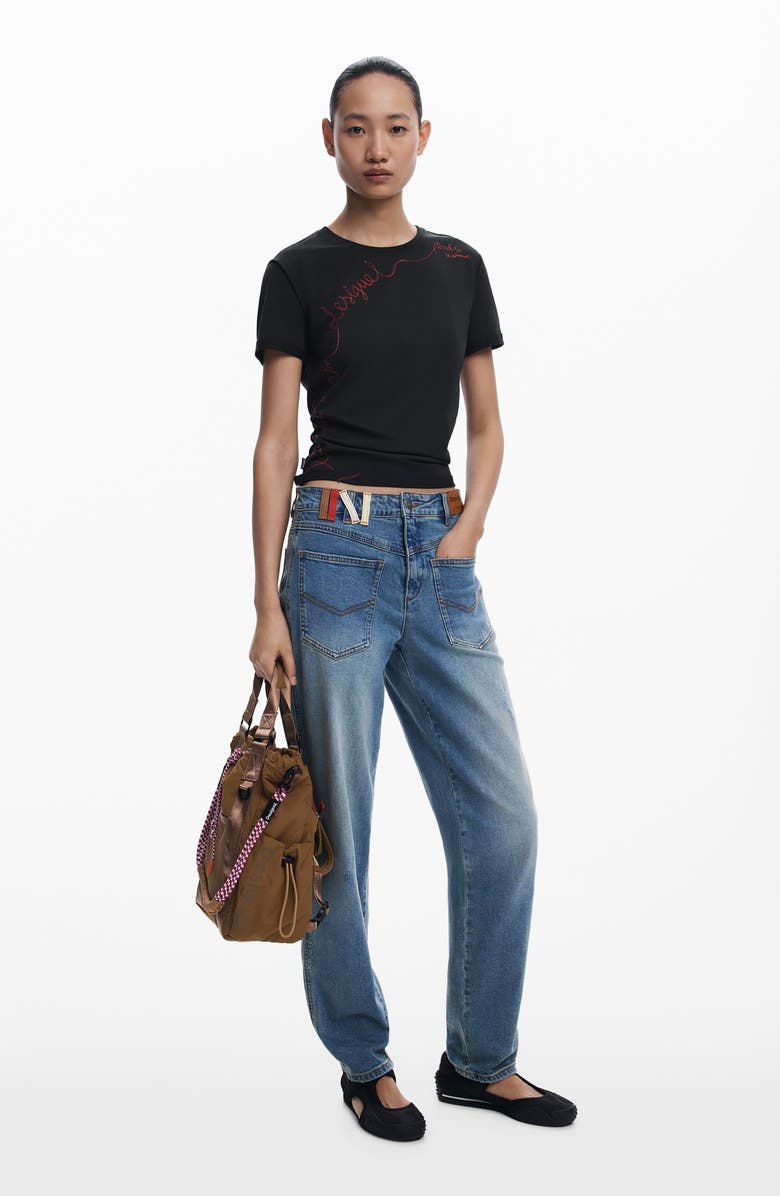 Desigual Embroidered Stretch Cotton T-Shirt, Alternate, color, Black