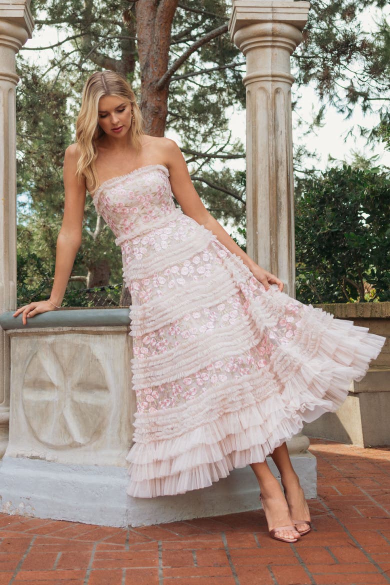 Floral Embroidered Strapless Ruffle Midi Dress, Alternate, color, Blush Multi