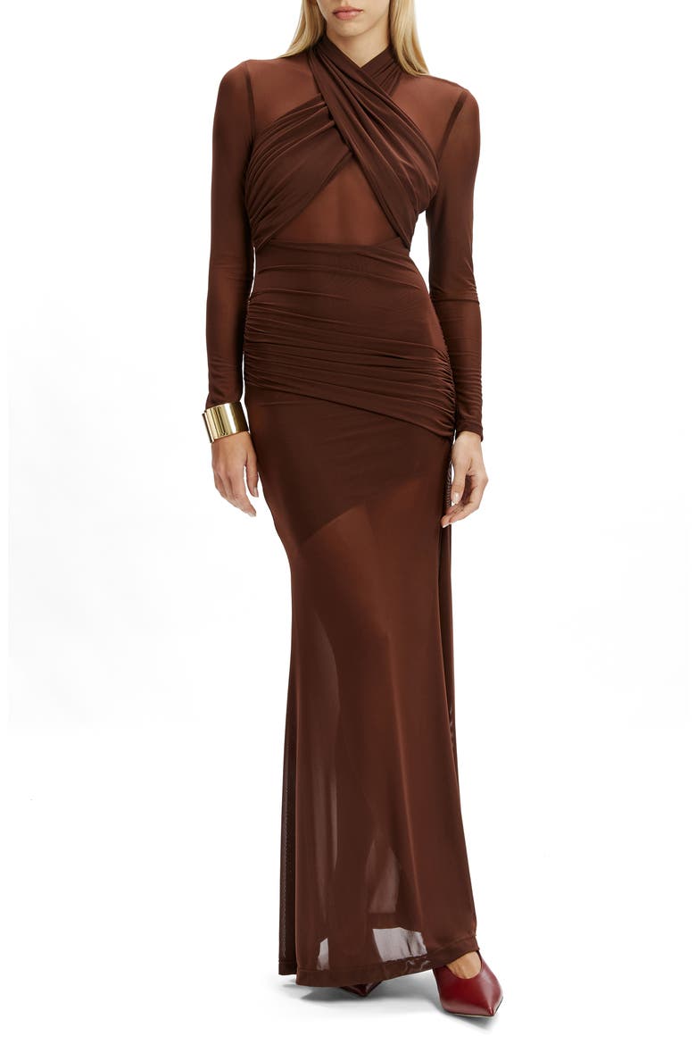 Marice Wrap Long Sleeve Mesh Maxi Dress, Main, color, CHOCOLATE