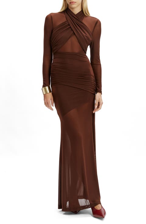 Marice Wrap Long Sleeve Mesh Maxi Dress