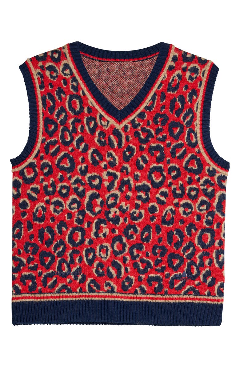 adidas x Wales Bonner Leopard Pattern V-Neck Sweater Vest, Main, color, Navy/ Magic Beige/ Scarlet