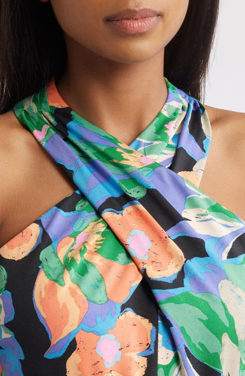 Tahari ASL Print Twist Neck Tie Waist Wide Leg Jumpsuit, Alternate, color, Black/ Green/ Orange Multi