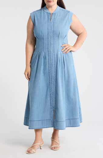 Pintuck Denim Midi Dress